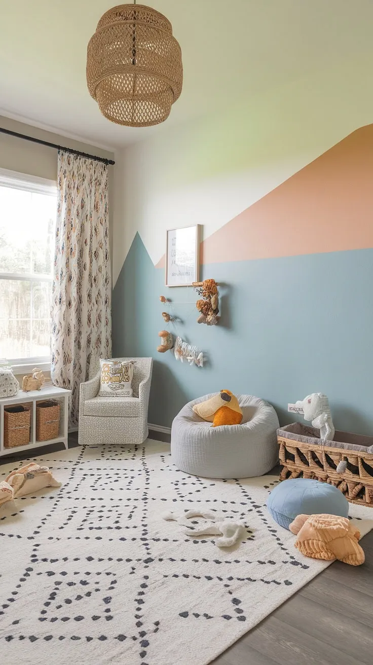 This boho playroom, a delightful blend of kids room interior design and family room playroom functionality, seamlessly combines a toddler playroom with a baby boy room decor.  The colorful playroom and playroom bedroom combo offer a space where imagination thrives, showcasing the best in kids playroom decor and boho playroom ideas.