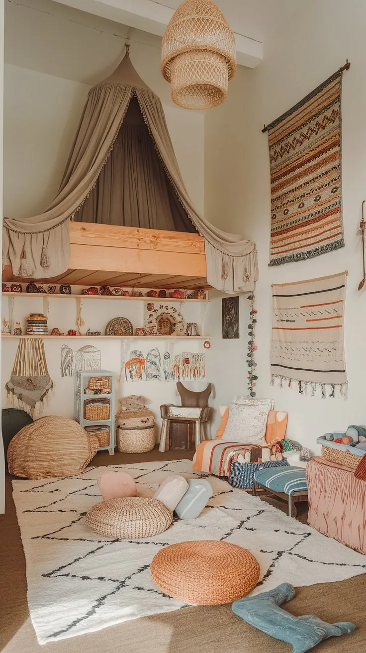 Dreamy boho playroom ideas come to life in this enchanting playroom bedroom combo.  The loft bed creates a magical sleeping space above a vibrant and playful area bursting with colorful playroom decor perfect for a toddler or baby boy room decor. This kids room interior design seamlessly blends vintage and modern elements, creating a warm and inviting family room playroom.