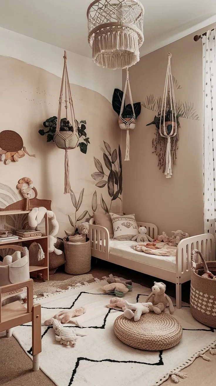 Step into this enchanting kids room interior, a stunning example of boho playroom ideas. This toddler playroom and bedroom combo seamlessly blends a cozy sleeping space with a vibrant play area, featuring a curated selection of kids playroom decor. The colorful playroom is a testament to creative kids room interior design, perfect for a baby boy room decor or any family seeking a magical family room playroom.