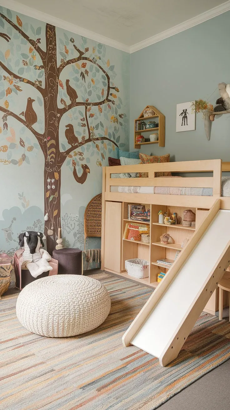 Whimsical wonder in this boho playroom bedroom combo!  A dreamy escape for little ones, blending playful energy with calming serenity.  Boho playroom ideas come alive with the colorful playroom decor, custom-built loft bed with slide, and enchanting tree mural. Perfect for a toddler playroom or baby boy room decor, this kids room interior design is a testament to creative family room playroom solutions.