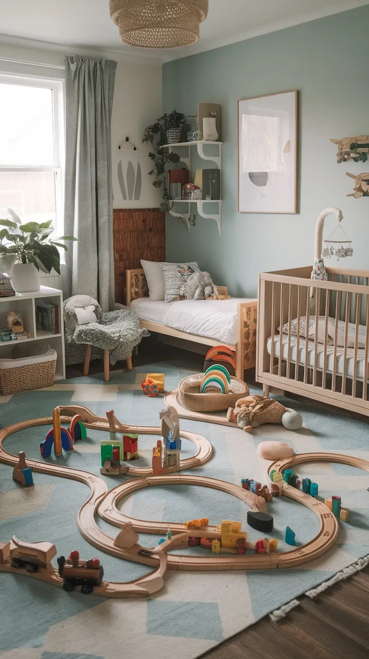 This boho playroom bedroom combo is a dream come true!  The soft blue walls create a calming backdrop for the vibrant toys and playful decor, seamlessly blending a toddler playroom with a cozy baby boy room decor.  Clever storage solutions and a curated selection of kids playroom decor make this family room playroom a haven of fun and functionality, showcasing the best of boho playroom ideas.  A true testament to kids room interior design.