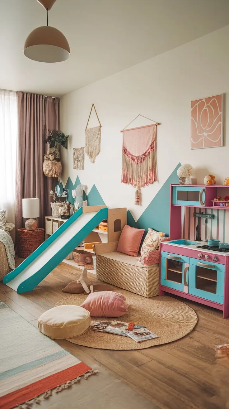 This boho playroom bedroom combo is a dream come true!  Whimsical colors, a playful slide, and a cozy reading nook create the perfect space for imaginative play and peaceful rest.  Boho playroom ideas at their finest, this kids room interior design seamlessly blends functionality and style, making it an ideal family room playroom and a stunning example of kids playroom decor. Perfect for a toddler playroom or even a baby boy room decor.