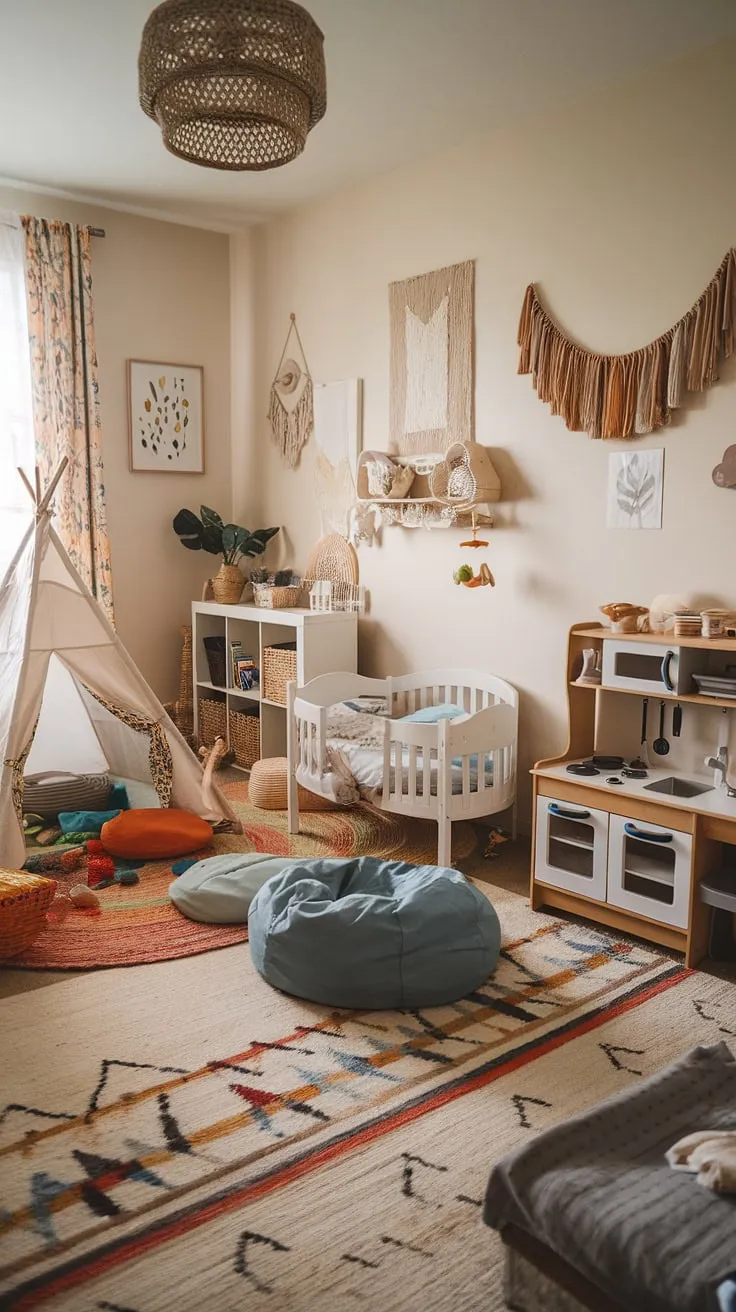 Where play meets slumber: This boho playroom bedroom combo is a dream come true.  Boho playroom ideas shine in this colorful playroom, a perfect blend of family room playroom functionality and whimsical design.  The kids room interior, complete with a teepee, play kitchen, and cozy toddler bed, offers a haven for imaginative play and restful sleep. This kids room interior design is a testament to creative kids playroom decor, perfect for a baby boy room decor.