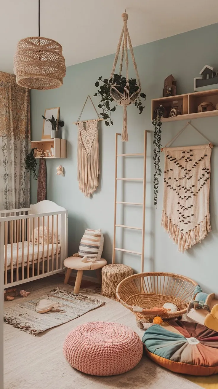 This dreamy boho playroom bedroom combo is the perfect blend of style and functionality.  Boho playroom ideas come to life with the light blue walls, macrame accents, and playful wooden details.  It's a colorful playroom and a cozy toddler playroom, seamlessly merging into a stylish baby boy room decor.  The loft bed and crib create separate zones within this family room playroom, offering a space for both play and rest.  A true kids room interior design masterpiece.