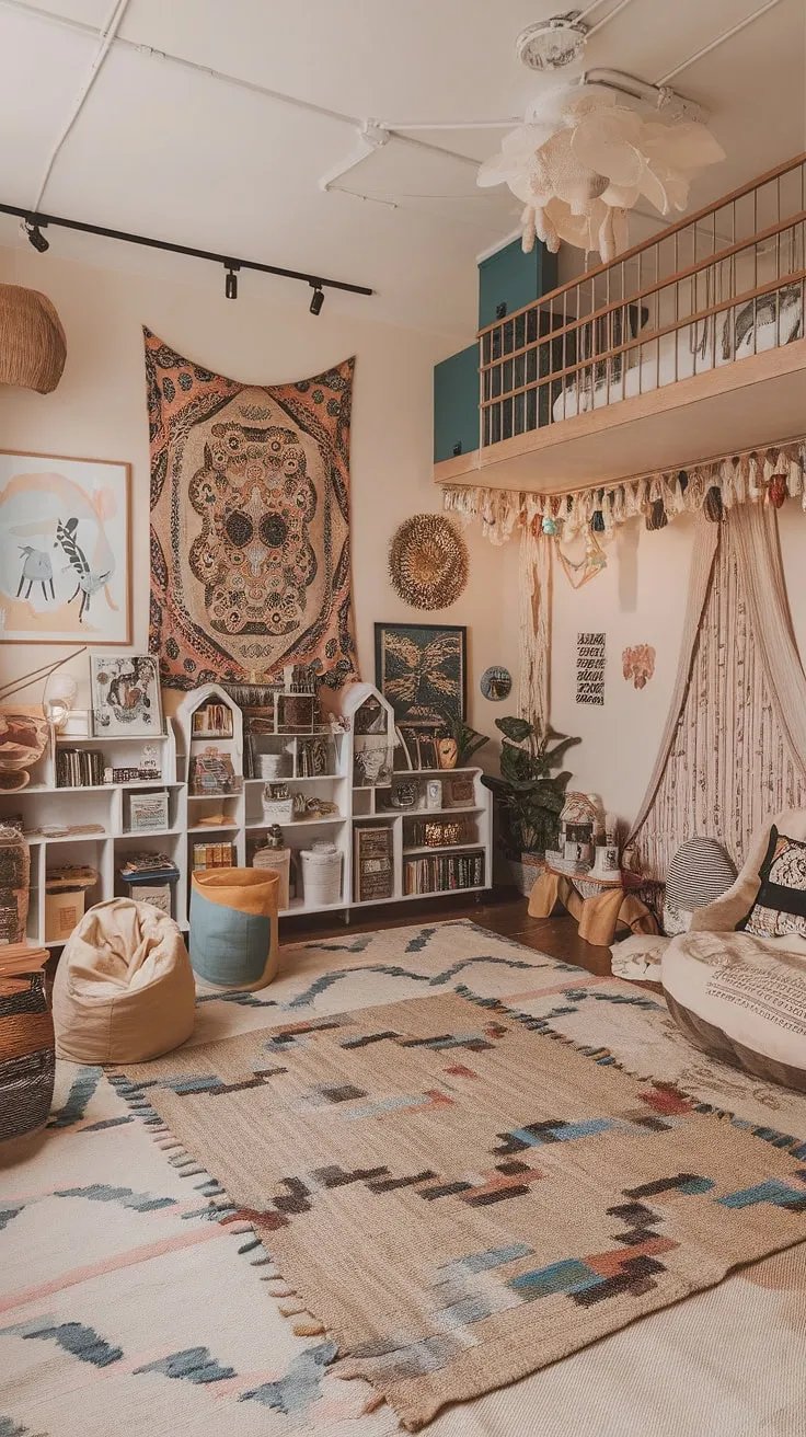 A colorful playroom brimming with boho charm! This kids room interior is a testament to creative kids playroom decor.  The playroom bedroom combo seamlessly blends functionality and style, offering a dedicated space for play and rest.  Boho playroom ideas are brought to life with a curated collection of toys, books, and furniture.  The loft bed adds a touch of adventure, while the comfy reading nook invites quiet moments.  This family room playroom transformation is a perfect example of thoughtful kids room interior design for a baby boy room decor that's both stylish and practical.