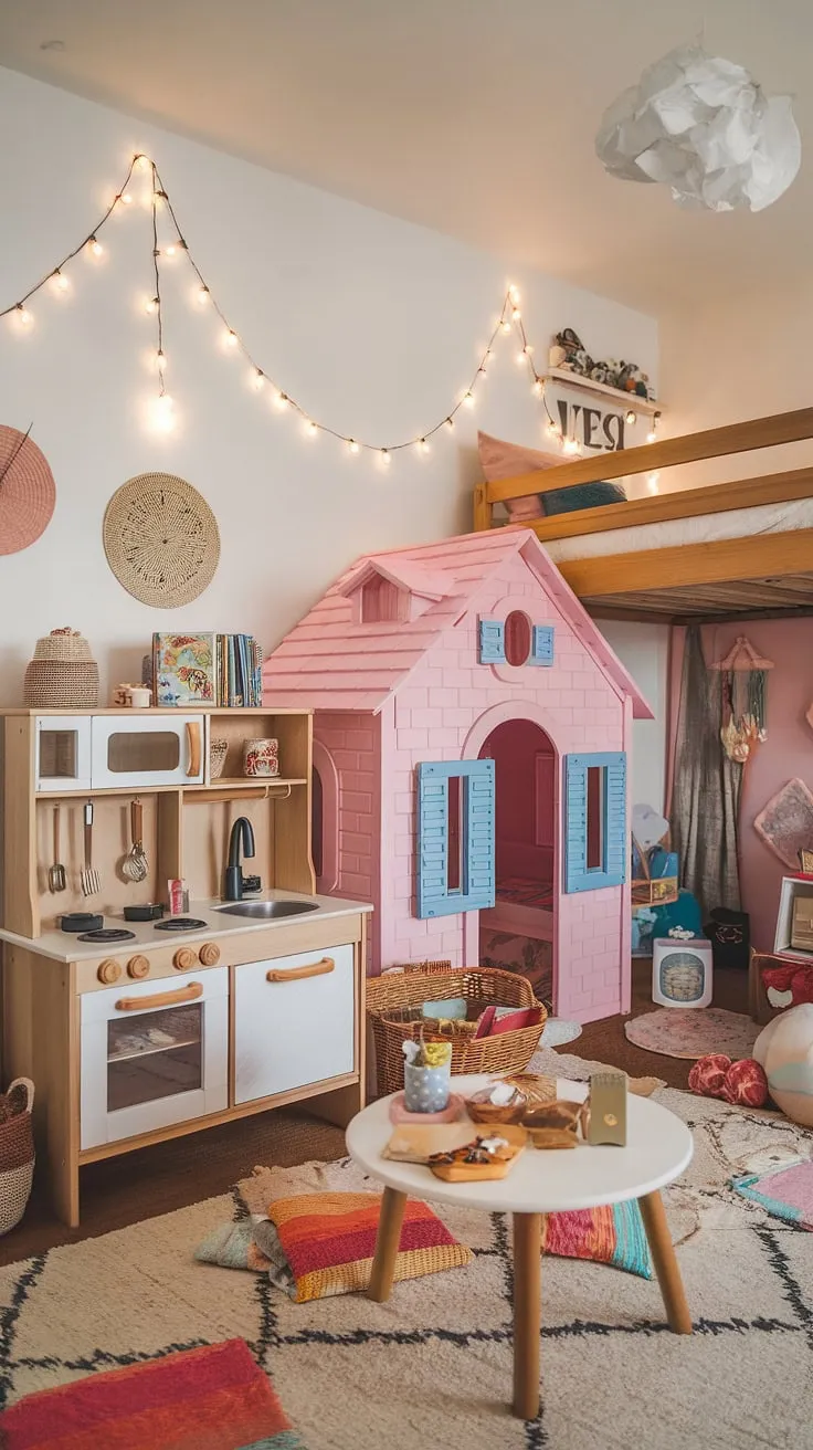 Whimsical and functional, this boho playroom bedroom combo is a dream come true.  The colorful interior, complete with a wooden play kitchen, pink playhouse, and loft bed, offers endless imaginative play opportunities.  Perfect for a toddler or baby boy, this kids room interior design showcases clever kids playroom decor and inspiring boho playroom ideas for a family room playroom that's both stylish and practical.