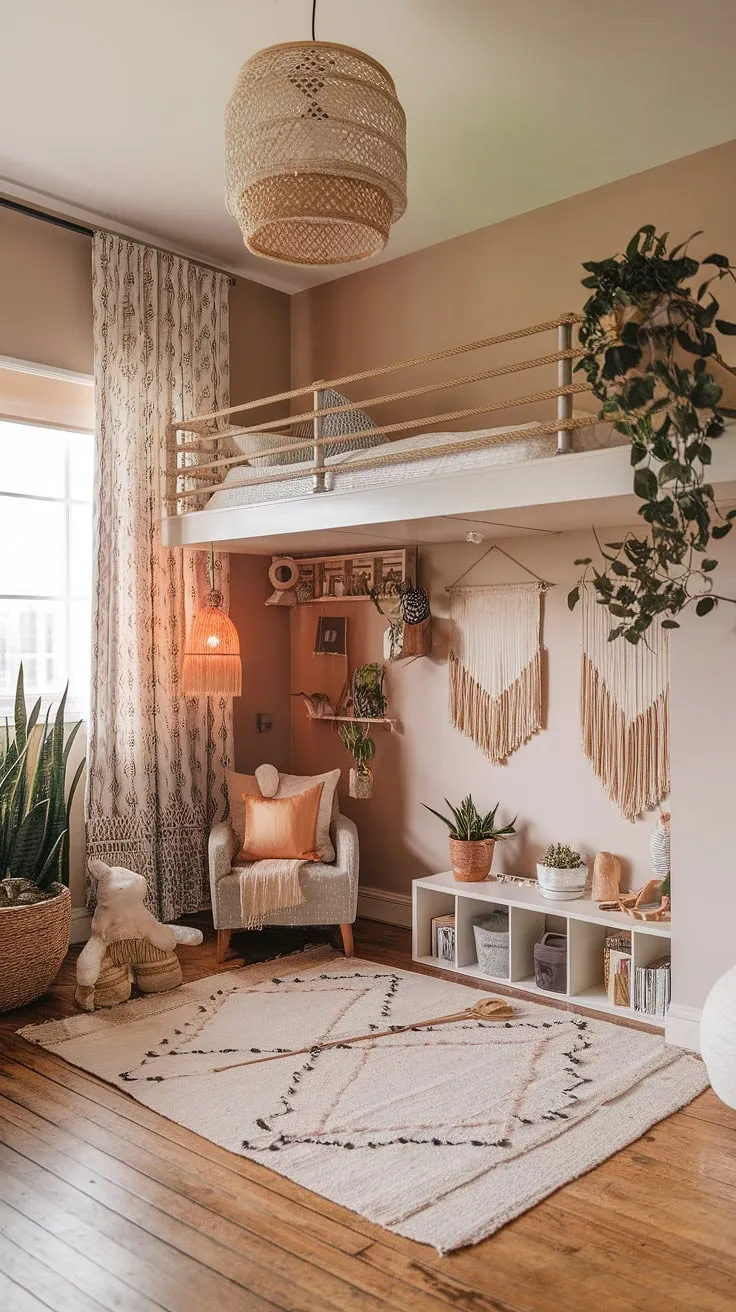 Where play meets slumber: This boho playroom bedroom combo seamlessly blends modern and bohemian styles, creating a whimsical haven for little ones.  The rope-railed loft bed overlooks a vibrant play area, offering a functional and stylish kids room interior design perfect for a toddler playroom or baby boy room decor.  Explore more boho playroom ideas for your family room playroom transformation.