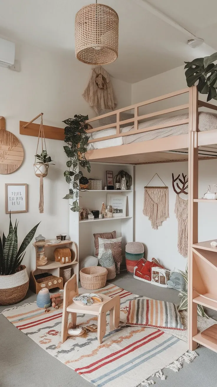 This boho playroom bedroom combo is a dream come true!  The colorful play area seamlessly blends with the cozy loft bed, creating a fun and functional space perfect for a growing child.  Plenty of room for imaginative play, rest, and storage, making it the ultimate kids room interior design.  This family room playroom offers endless boho playroom ideas for a toddler playroom or even a baby boy room decor.