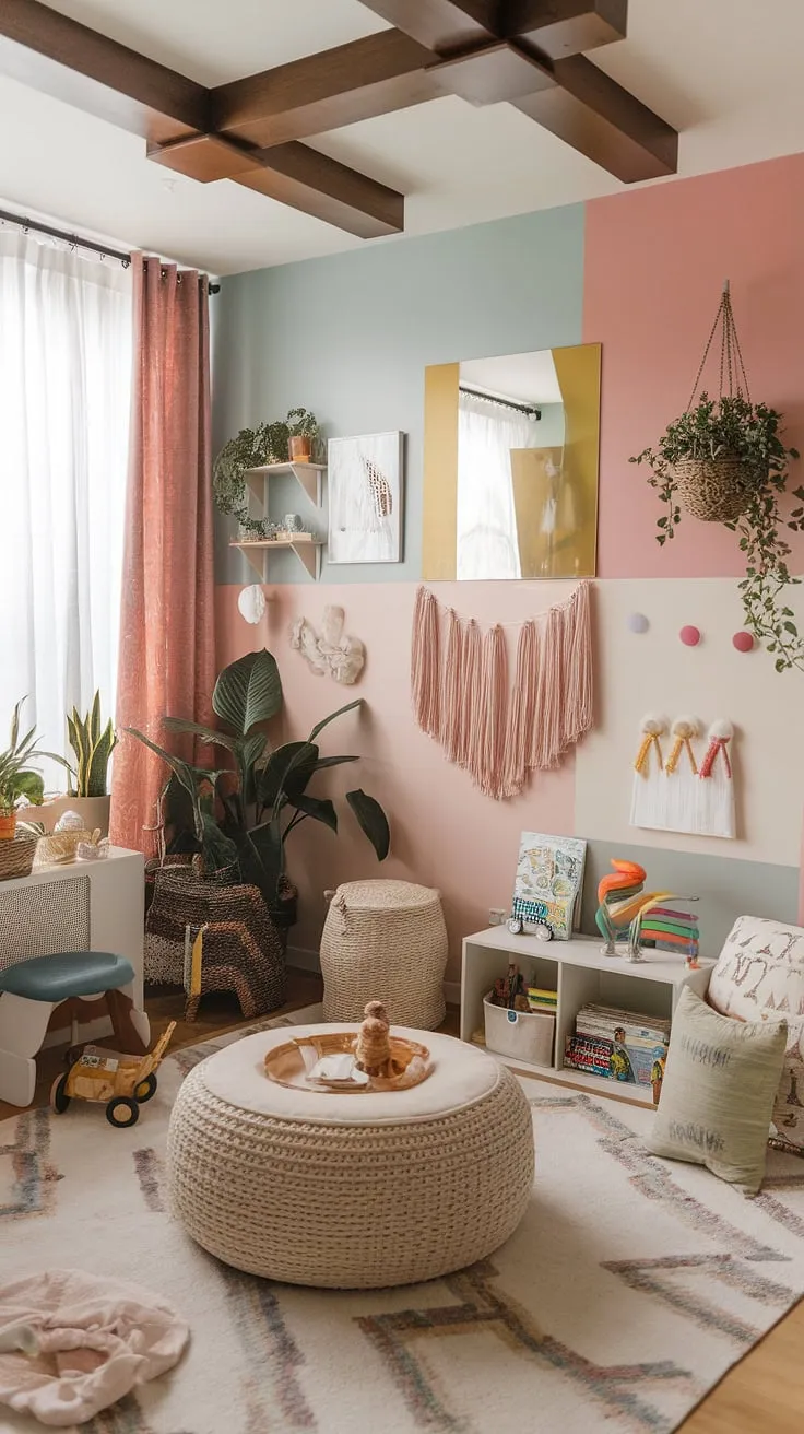 Where play meets rest: This boho playroom bedroom combo is a dreamy escape for little ones, blending colorful playroom ideas with a calming sleep space.  The perfect family room playroom, showcasing kids room interior design at its finest, with thoughtful kids playroom decor for a toddler playroom or baby boy room decor.