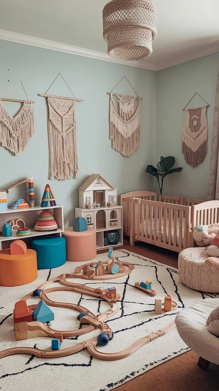 Where play meets slumber: This boho playroom bedroom combo is a dreamy escape for little ones.  Boho playroom ideas come alive with colorful playroom elements, a cozy toddler bed, and thoughtful kids room interior design.  The perfect blend of family room playroom functionality and stylish kids playroom decor, making it an ideal toddler playroom or even a baby boy room decor inspiration.