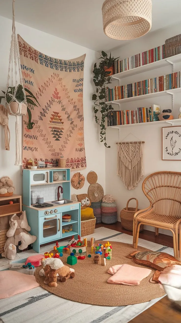 This boho playroom bedroom combo is a dream come true!  Whimsical colors, playful textures, and clever storage solutions create a space where imagination thrives.  Perfect for a toddler or baby boy, this kids room interior design offers the best of both worlds – a cozy sleeping area and a vibrant play space, making it an ideal family room playroom.  Get inspired by these boho playroom ideas for your little one's haven.