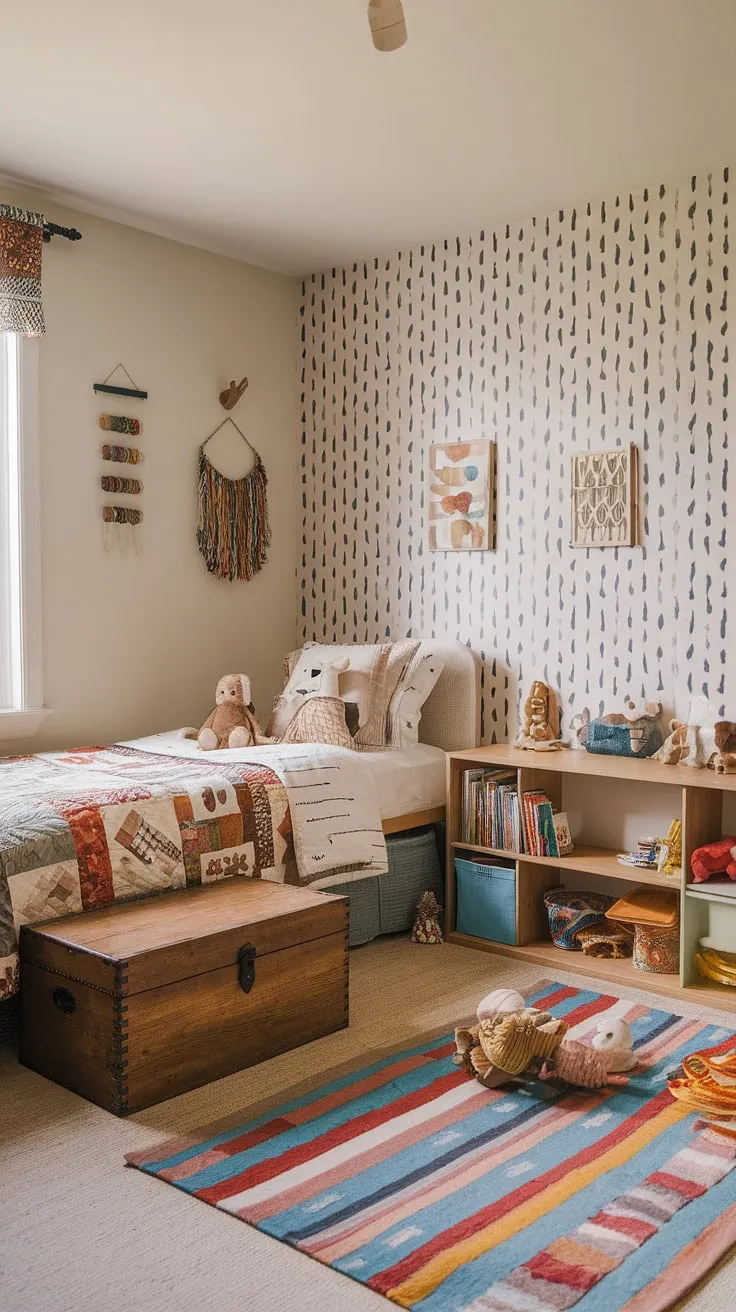 This boho playroom bedroom combo is the perfect blend of whimsical fun and cozy comfort for a little one.  The colorful playroom area seamlessly flows into the restful twin bed, creating a space where imagination thrives and sweet dreams are made.  Boho playroom ideas come alive in this kids room interior, showcasing thoughtful kids playroom decor and clever baby boy room decor.  A true family room playroom, designed for both playful exploration and peaceful slumber.