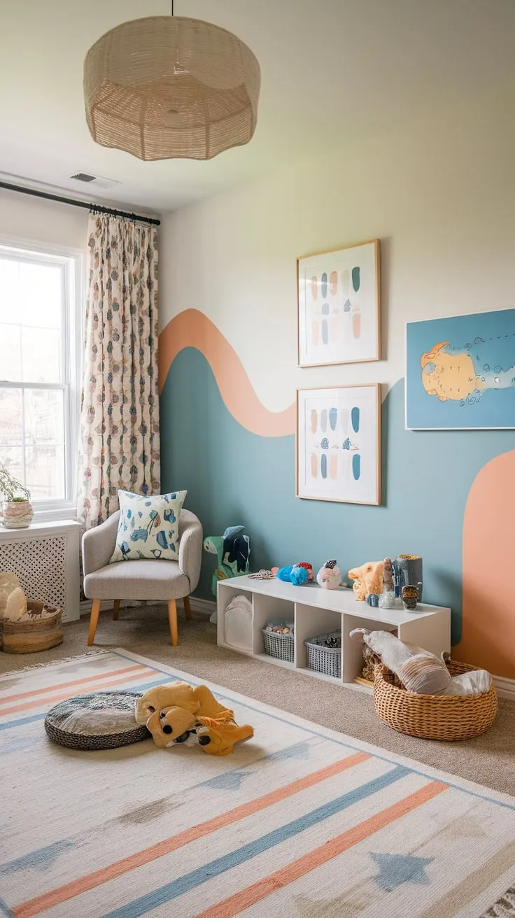 A whimsical blend of boho playroom ideas and practical family living, this playroom bedroom combo is pure magic.  The kids room interior design features a vibrant colorful playroom, a cozy toddler playroom, and a stylish baby boy room decor area, all thoughtfully integrated.  This family room playroom is the perfect example of how to create a functional and fun kids room interior with stunning kids playroom decor.