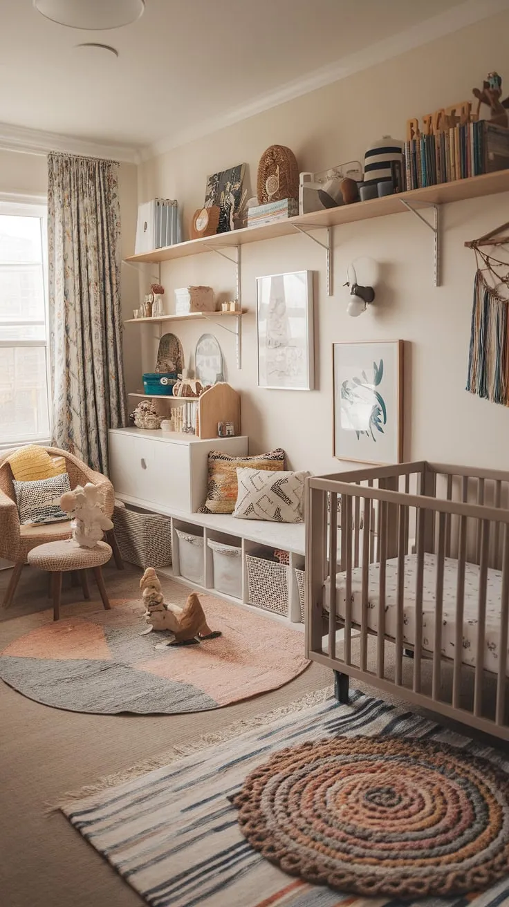 A whimsical boho playroom, thoughtfully designed as a playroom bedroom combo for our little ones.  This colorful playroom boasts a curated mix of vintage and modern pieces, creating a truly unique baby boy room decor and toddler playroom.  From the cozy reading nook to the playful wall art, every detail reflects our boho playroom ideas for a space that's both beautiful and functional, a perfect example of kids room interior design.