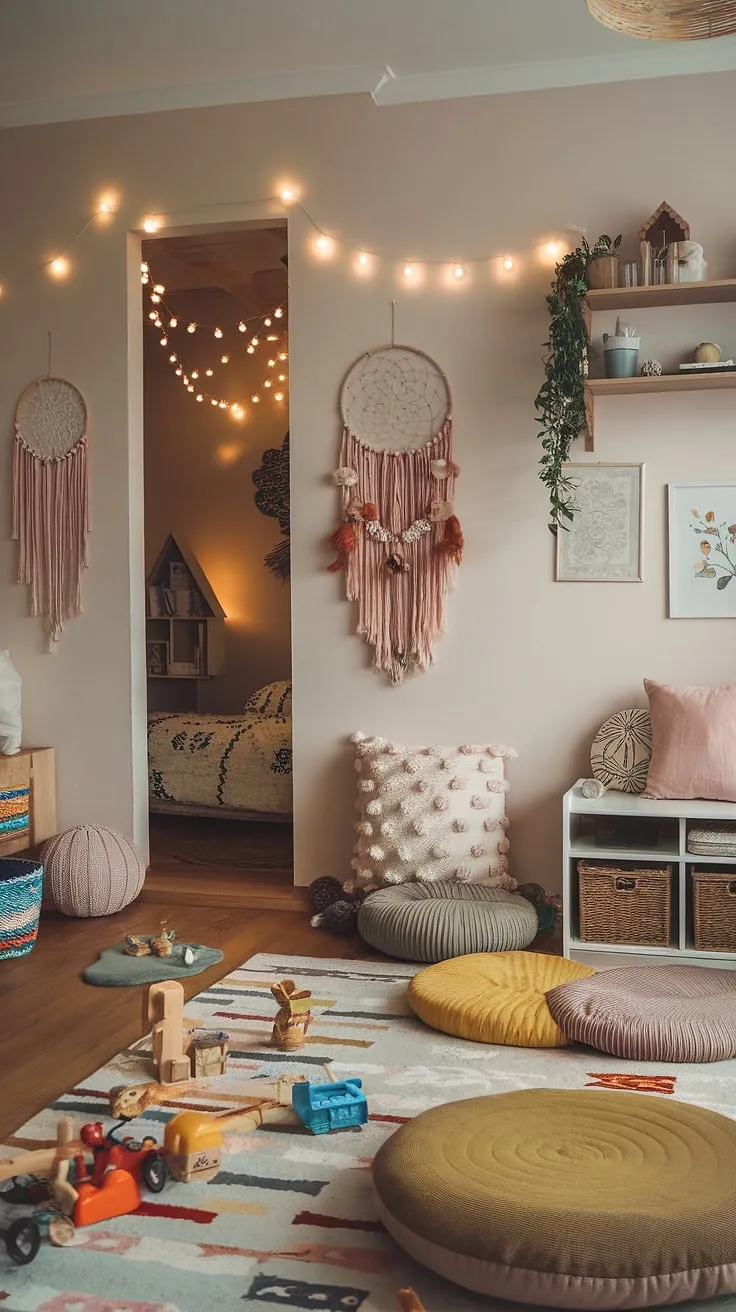 A whimsical kids room interior showcasing the best of boho playroom ideas. This colorful playroom and bedroom combo is a testament to creative kids playroom decor, offering a dedicated play area alongside a peaceful sleeping space.  The perfect blend of textures and calming colors makes this toddler playroom and baby boy room decor a truly magical space, ideal for a family room playroom where kids can play, learn, and rest.