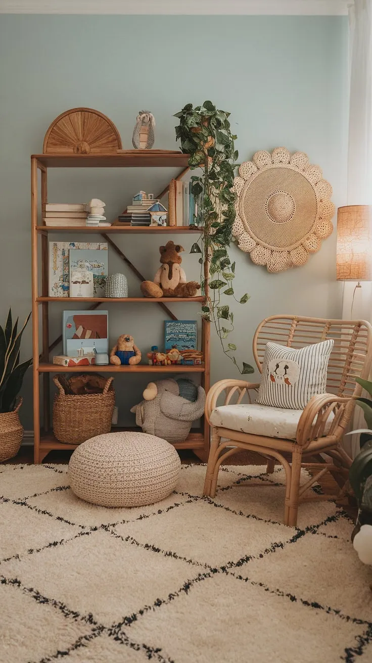 Where play meets rest: This boho playroom bedroom combo seamlessly blends colorful playroom fun with a calming space for little ones.  Boho playroom ideas come alive with the vintage lamp, rattan chair, and plush rug, creating a kids room interior design that's both stylish and functional.  From toddler playroom essentials to thoughtful baby boy room decor, every detail is considered in this family room playroom haven.