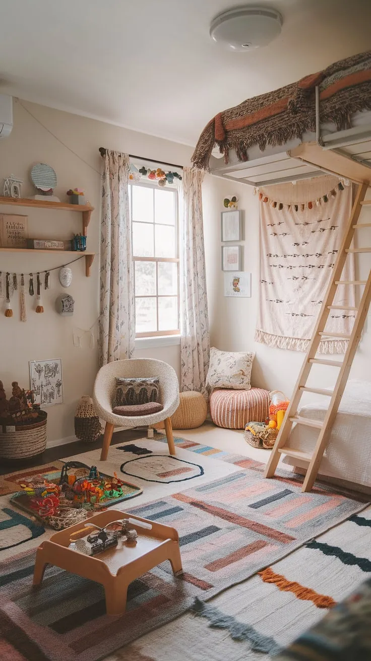A magical blend of play and rest! This kids room interior showcases stunning boho playroom ideas, transforming a family room playroom into a colorful playroom and bedroom haven.  The lofted bed adds a touch of adventure, while the carefully curated kids playroom decor creates a space that's both fun and calming. Ideal for a baby boy room decor or a toddler playroom, this design is a testament to creative kids room interior design.