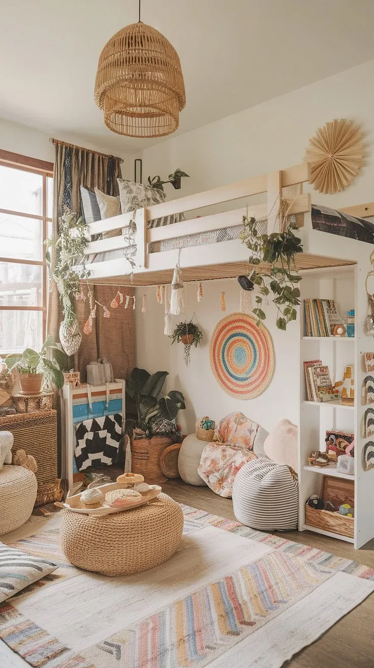 Escape to this whimsical boho playroom!  This colorful playroom, designed as a playroom bedroom combo, offers a unique kids room interior. The loft bed transforms into a playful haven, while the surrounding kids playroom decor inspires creativity.  A perfect blend of boho playroom ideas for a baby boy room decor, this space is a testament to thoughtful kids room interior design, ideal for a toddler playroom or a family room playroom.