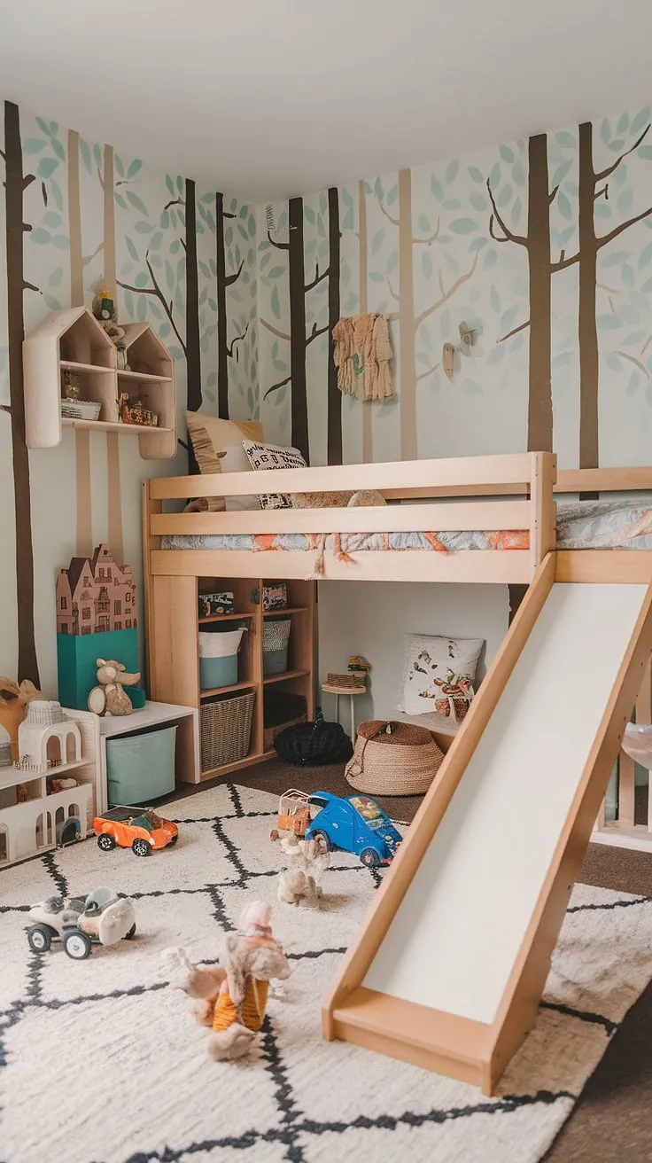 This eclectic boho playroom is a toddler's dream!  The clever playroom bedroom combo maximizes space with a loft bed and slide, creating a magical kids room interior.  Boho playroom ideas shine through in the colorful design, from the tree mural to the curated toys.  This family room playroom offers endless opportunities for fun, making it the perfect blend of kids playroom decor and a cozy retreat.  A truly inspiring baby boy room decor example.