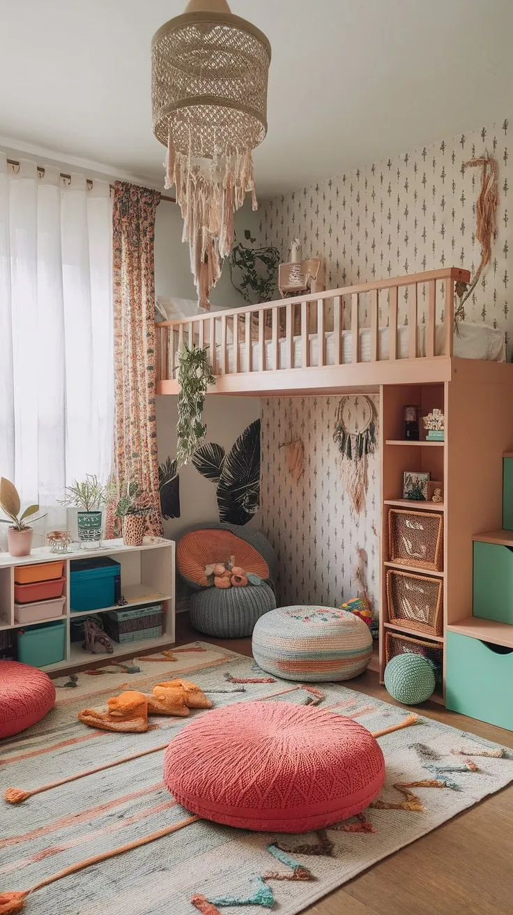 A whimsical blend of style and function, this colorful playroom is a haven for little ones.  The kids room interior showcases stunning boho playroom ideas, transforming a playroom bedroom combo into a vibrant and inviting space.  With a loft bed, built-in bookshelf, and playful kids playroom decor, this toddler playroom is a testament to creative kids room interior design.  Perfect for a baby boy room decor or any child who loves a touch of bohemian charm.