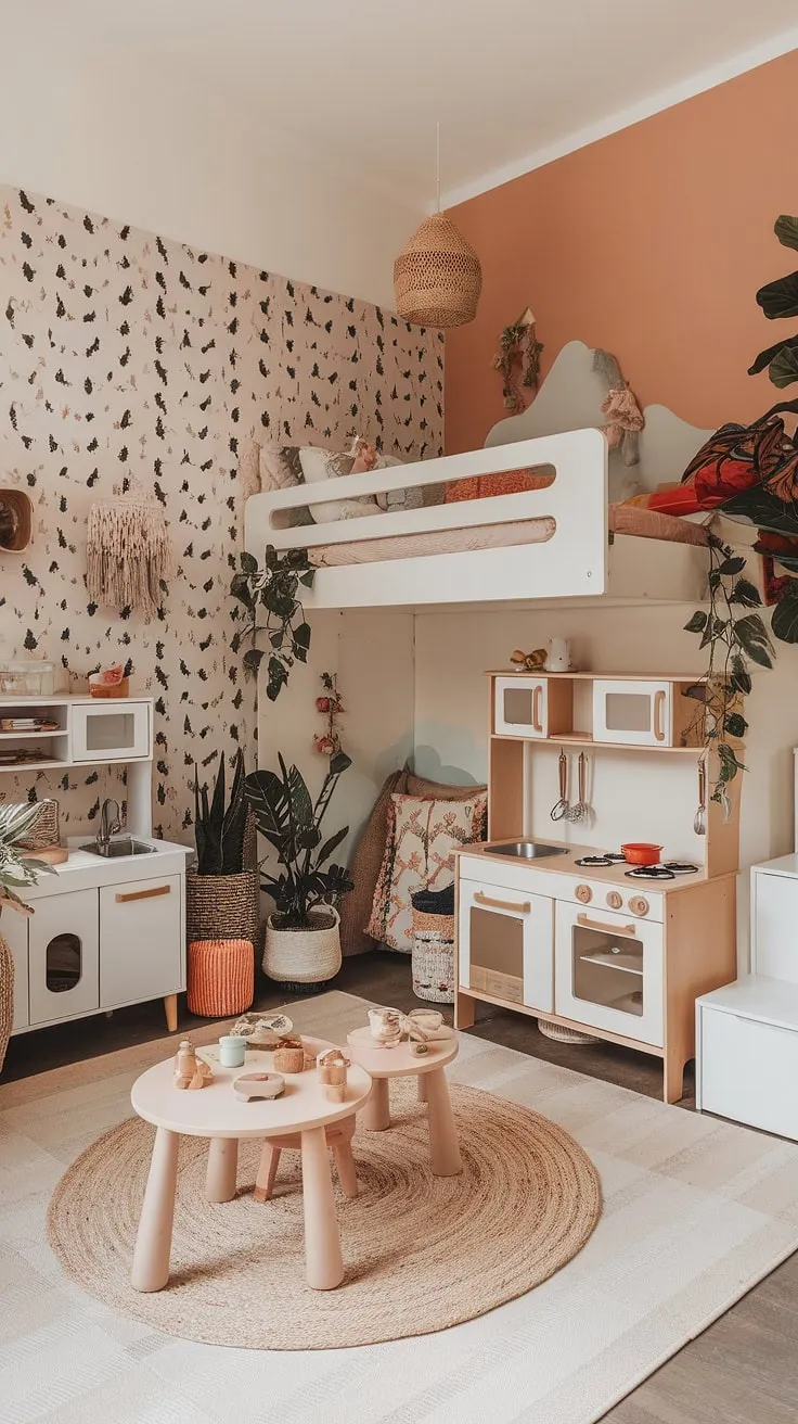 This boho playroom bedroom combo is a dream come true!  The colorful playroom interior, complete with a loft bed, play kitchen, and reading nook, seamlessly blends playful energy with a calming, stylish space. Perfect for a toddler, this kids room interior design showcases creative kids playroom decor and offers a functional family room playroom solution.  It's a beautiful example of boho playroom ideas for a baby boy room decor.