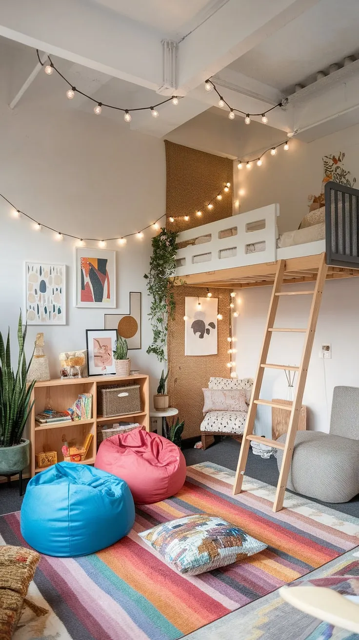 This vibrant and inviting kids room interior is the ultimate boho playroom.  Combining a colorful playroom with a comfy sleeping loft, this playroom bedroom combo offers the best of both worlds.  From the playful beanbags and curated bookshelf to the charming string lights, this space is bursting with boho playroom ideas.  A perfect family room playroom, it's equally suited for a toddler playroom or a baby boy room decor, showcasing exceptional kids playroom decor and a unique kids room interior design.