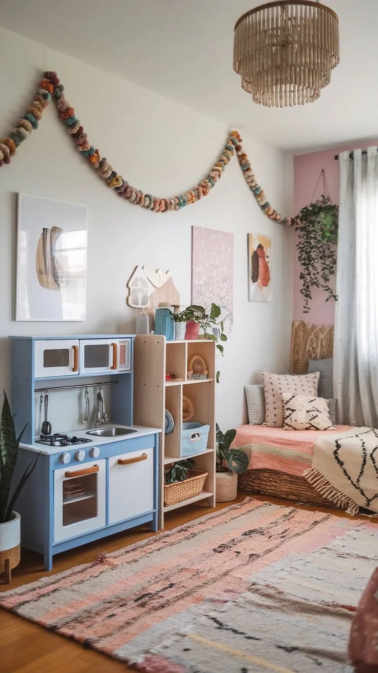 Transform your child's space with this inspiring boho playroom.  This playroom bedroom combo seamlessly blends a colorful playroom with a relaxing family room playroom setup, creating a kids room interior that's both fun and functional.  Boho playroom ideas abound in this charming toddler playroom, perfect for baby boy room decor and filled with delightful kids playroom decor.