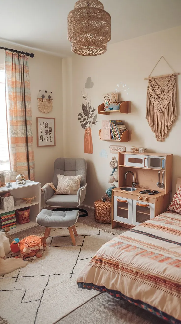 This boho playroom bedroom combo is a dream come true!  Whimsical colors, cozy textures, and playful details create the perfect space for imaginative adventures and restful nights.  Boho playroom ideas at their finest, this family room playroom seamlessly blends functionality and style.  The colorful playroom is a haven for kids, offering a stimulating environment for learning and play.  Perfect for a toddler playroom or baby boy room decor, this kids room interior design is both stylish and practical.  Kids playroom decor doesn't get much better than this.