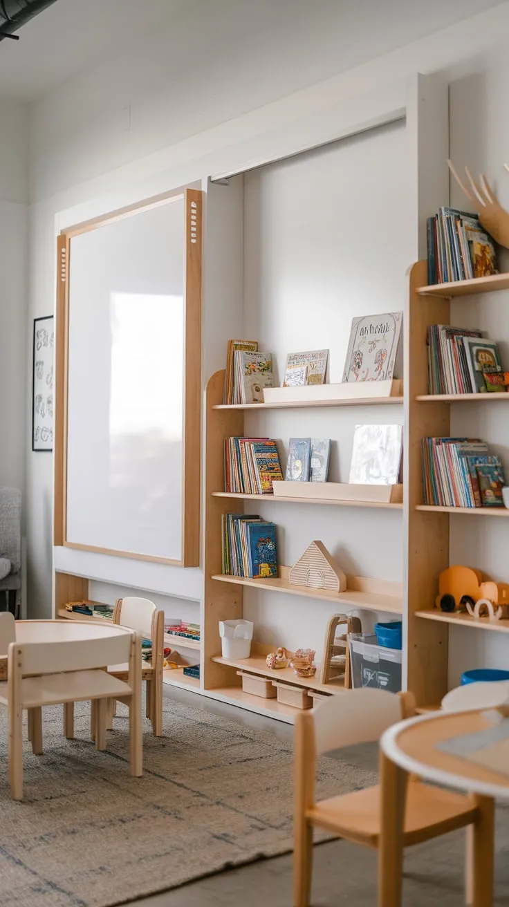 A stylish playroom features natural wood shelving for book storage and a dynamic whiteboard wall perfect for creative play.