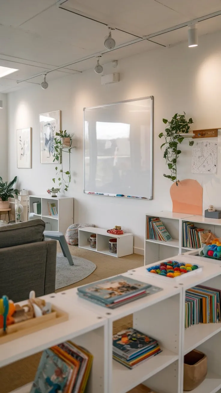 Modern shelving cleverly stores kids' books and toys within a vibrant playroom boasting a whiteboard wall and cheerful atmosphere.