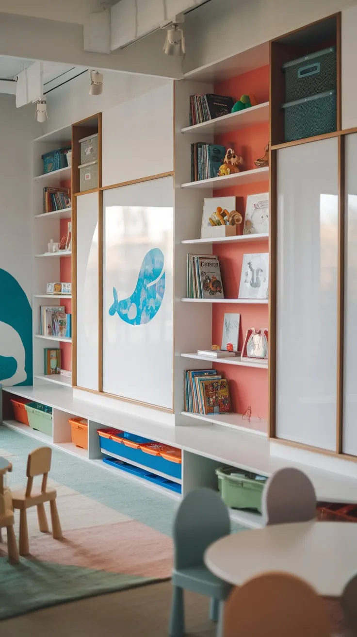 Bright playroom boasts modern shelving with sliding whiteboards cleverly storing kids' books and toys amidst colorful décor and a playful whale mural