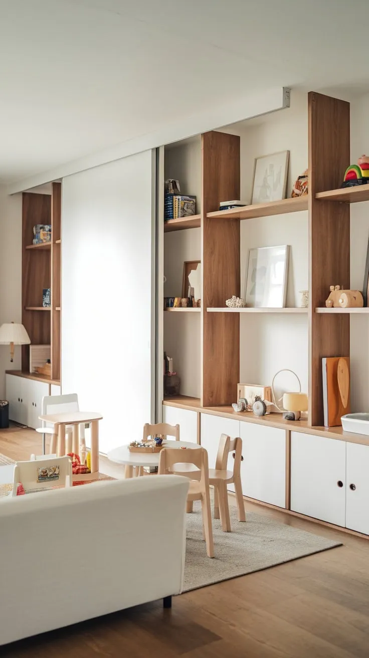 Sleek white wood shelving units provide stylish book storage in a modern playroom, complementing a whiteboard wall and playful furnishings.
