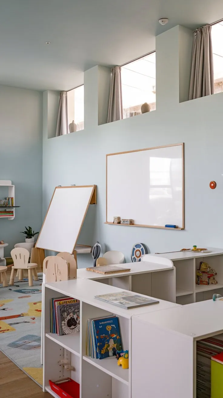 Modern shelving cleverly integrates book storage into a vibrant playroom with a whiteboard wall and comfy play area.