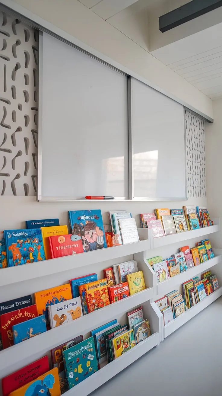 This bright and airy playroom boasts clever modern shelving units, providing ample book storage for a growing collection of kids bookshelves. The whiteboard wall with its sliding whiteboard adds a fun, creative touch, perfect for imaginative play.  A dream come true for kids bedroom design and kids living room storage solutions.
