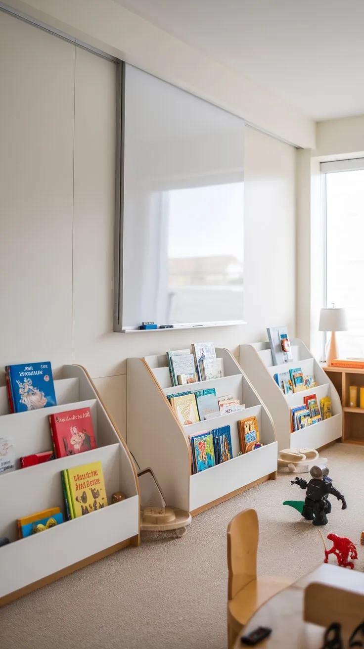 Sunlight streams into a modern playroom featuring stylish white shelving for book storage, a whiteboard wall, and playful dinosaur and robot toys.