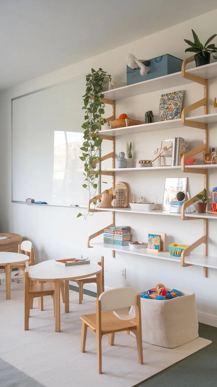 Imagination takes center stage in this playroom!  A whiteboard wall and sliding whiteboard offer a dynamic backdrop, while stylish kids shelves and modern shelving units, perfect for kids bookshelves and book storage, keep everything organized and accessible.  The design effortlessly combines kids bedroom design and kids living room storage elements.