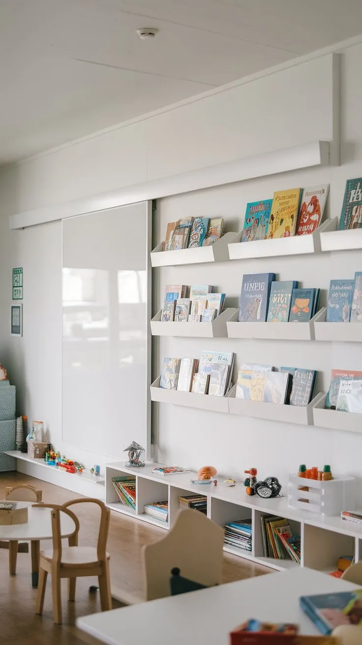 Imagination unleashed! This playroom boasts a whiteboard wall and sliding whiteboard, inspiring endless creativity.  Smart kids shelves and modern shelving units offer stylish playroom book storage solutions, seamlessly blending functionality with a clean aesthetic.  The perfect blend of kids bedroom design and kids living room storage.