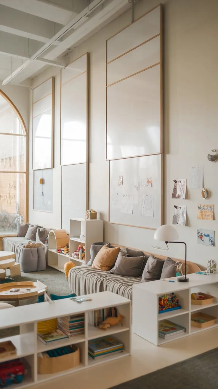 A bright playroom features modern shelving for books and toys alongside whiteboard walls fostering creativity and comfortable learning zones.
