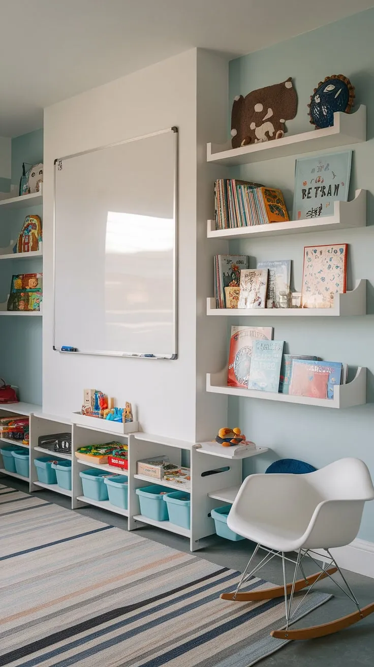 Dreamy playroom goals!  The whiteboard wall and sliding whiteboard offer endless creative possibilities, complemented by stylish modern shelving units that provide ample kids living room storage and kids shelves for all those beloved kids books.  This thoughtful kids bedroom design prioritizes both play and organization.