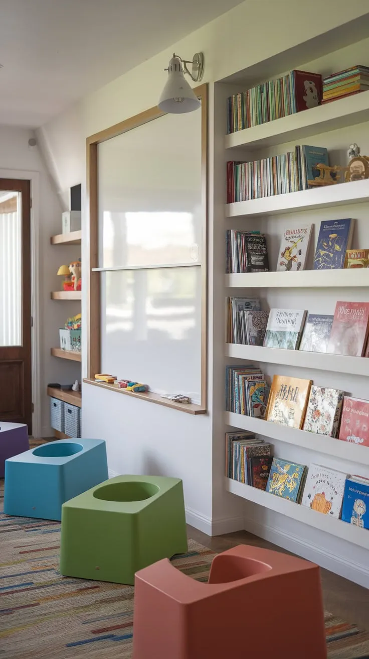 Modern shelving units cleverly store a colorful collection of children's books in a playful room designed for learning and fun.