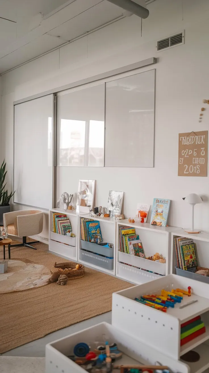 Bright playroom boasts modern shelving overflowing with kids' books and toys, creating a fun and organized learning space