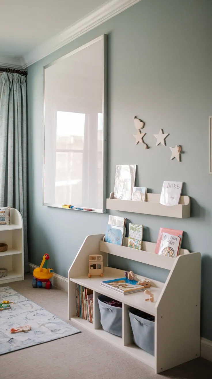 A calming blue playroom features clever built-in shelving for books and toys alongside a fun whiteboard wall perfect for creative play