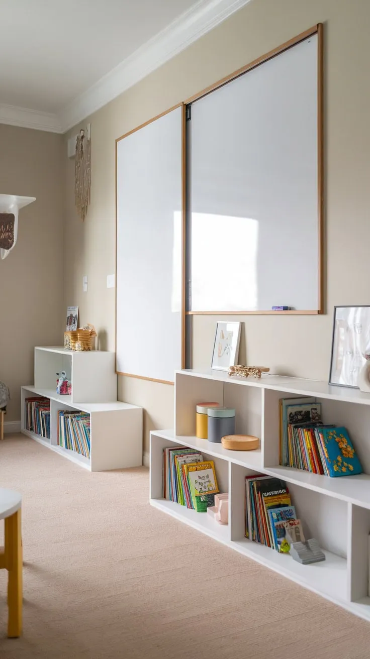 Modern white shelving units stylishly store kids' books and toys in a light and airy playroom.