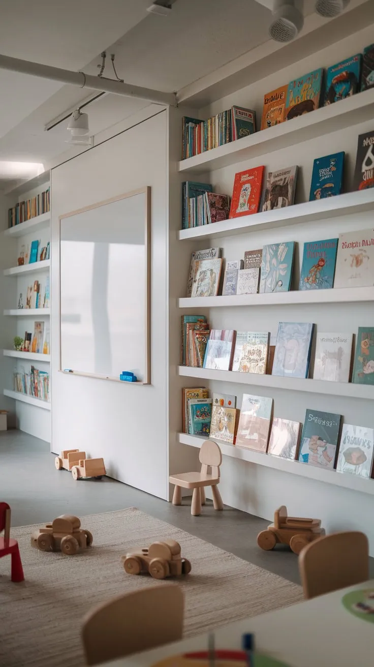 A bright modern playroom features stylish white bookshelves overflowing with children's books, complemented by toys and a playful learning environment.