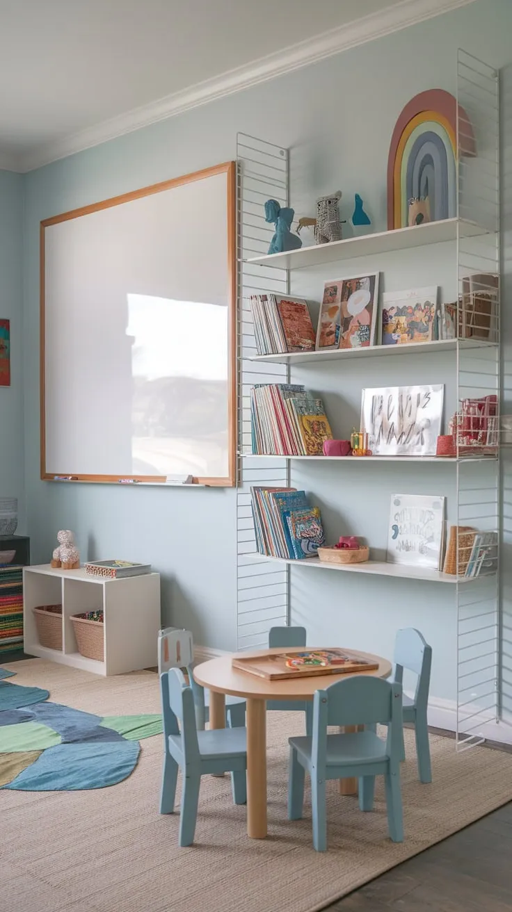 Modern shelving and a whiteboard wall transform this playroom into a creative and organized space for kids.
