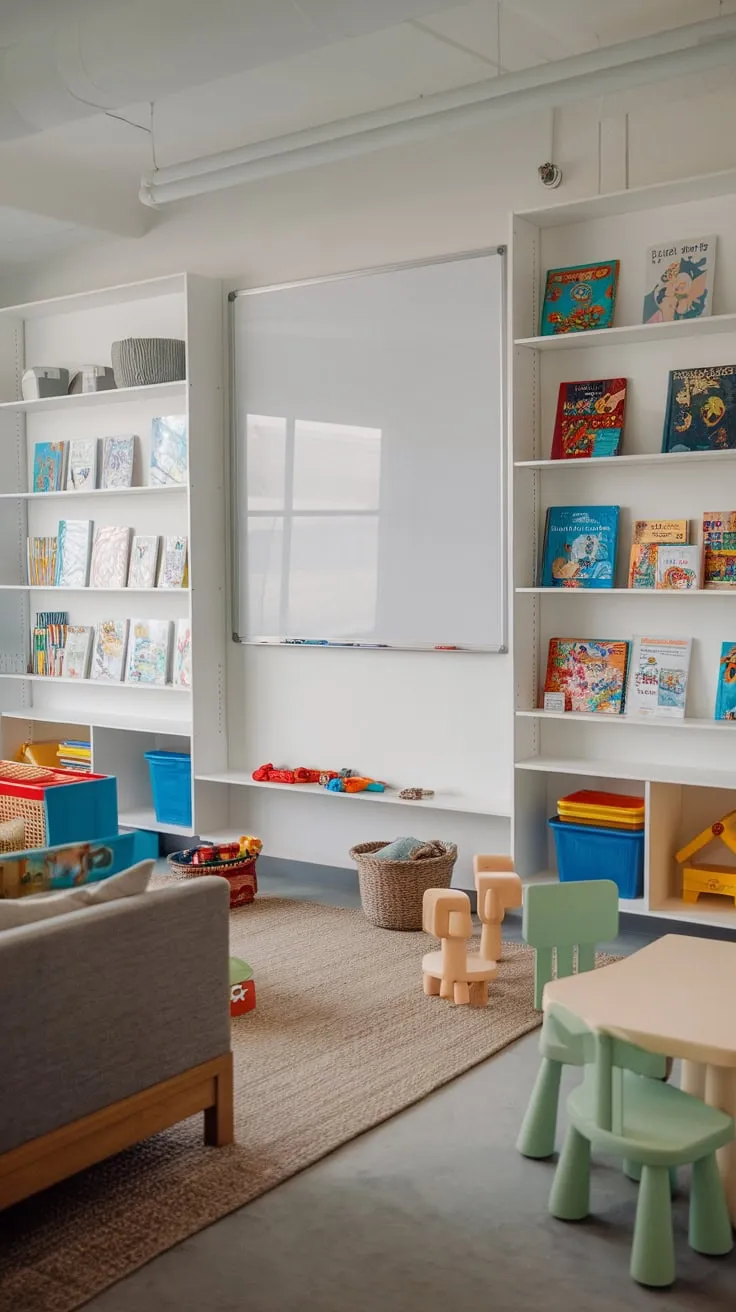 A vibrant playroom features modern shelving for colorful toys and books, a comfy seating area, and a unique whiteboard wall perfect for creative play.