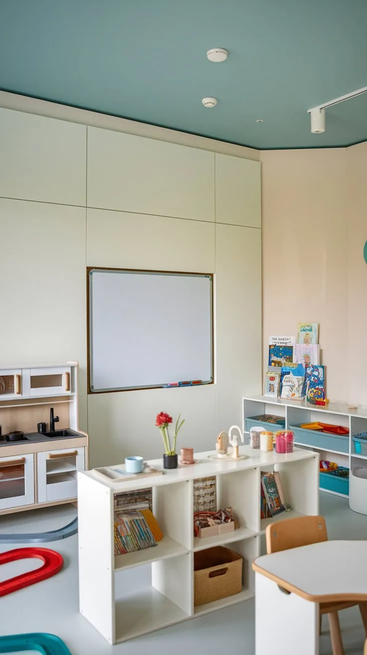 Modern shelving units cleverly store kids' books within a vibrant playroom boasting a whiteboard wall and fun play features.