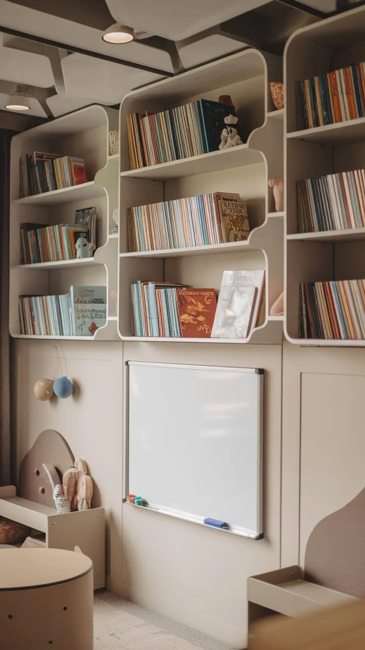 Neutral-toned furniture and soft lighting create a calming yet stimulating space for imaginative play and learning.