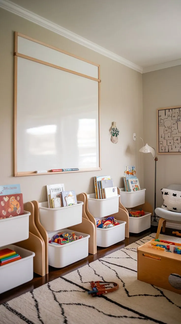 This playroom's clever design maximizes space and fun!  Modern shelving units and kids shelves provide ample book storage, keeping kids books organized and easily accessible. The whiteboard wall and sliding whiteboard encourage creativity, while the overall aesthetic blends seamlessly into a stylish kids bedroom design or kids living room storage solution.