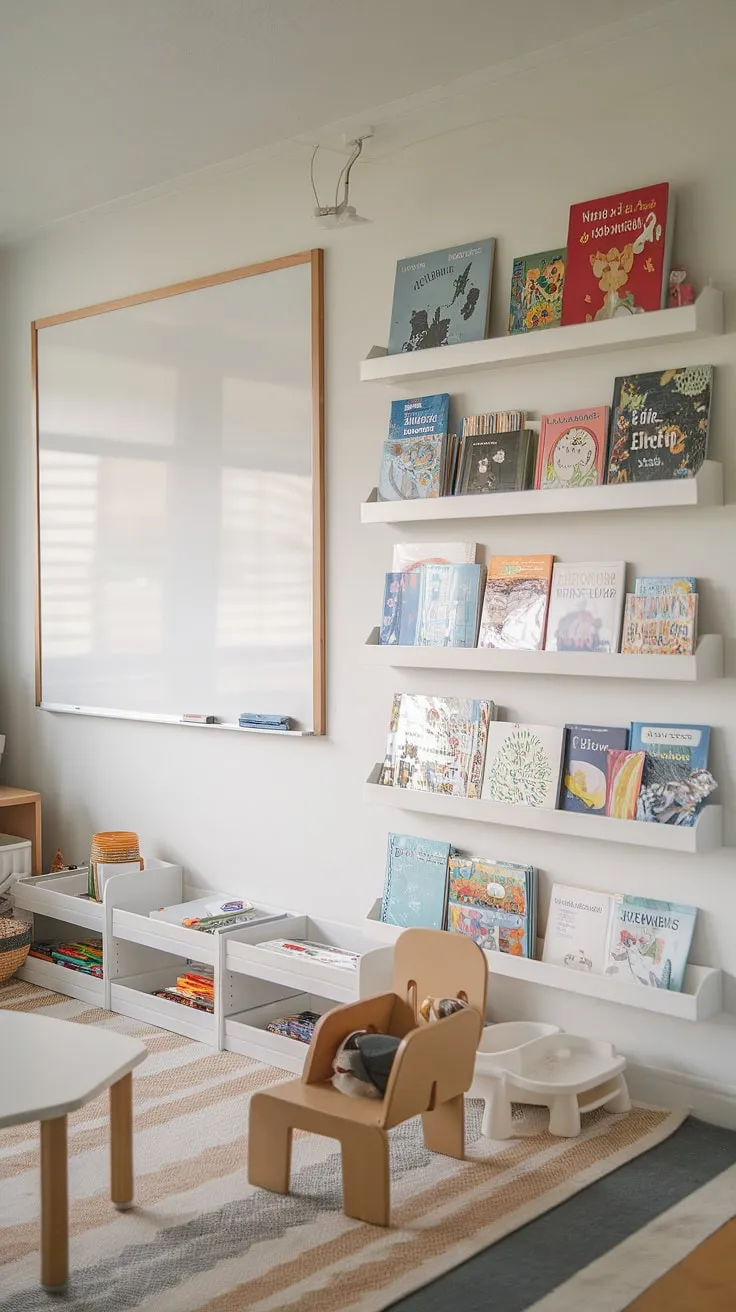 Dreamy playroom goals!  Kids shelves and modern shelving units create a functional and aesthetically pleasing space for kids books.  The whiteboard wall and sliding whiteboard are brilliant additions, transforming this kids bedroom design into a hub for learning and play.  Smart kids living room storage solutions make this room truly shine.